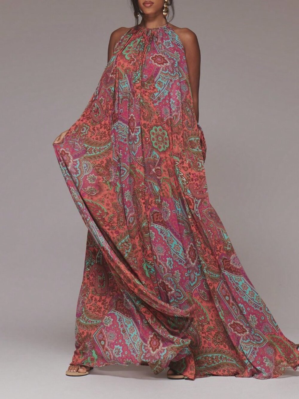 Orange Boho Women's Paisley Pleated High Neck Long Sleeve Maxi Dress - Picture 5 of 6